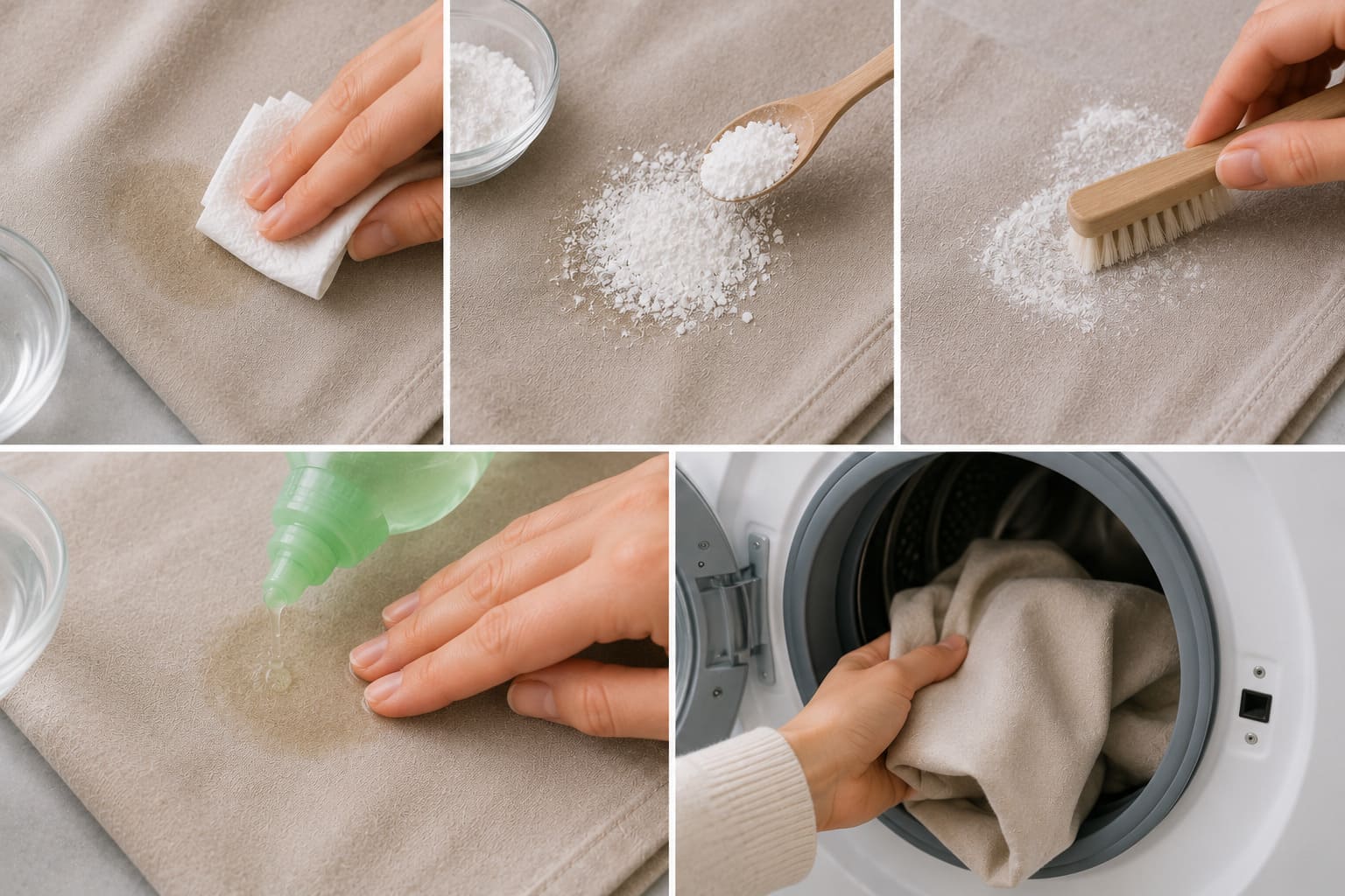 Applying absorbent powder and dish soap to remove oily candle wax stains from fabric
